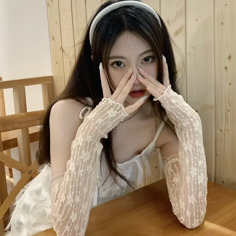Long Lace Hollow-Out Fingerless Gloves Women Summer Anti-UV Sleeves Mesh Breathable Ice Silk Mittens Oversleeve Driving Cycling fingerless gloves sunscreen gloves ice arm sleeves ice sleeve gloves arm sleeves