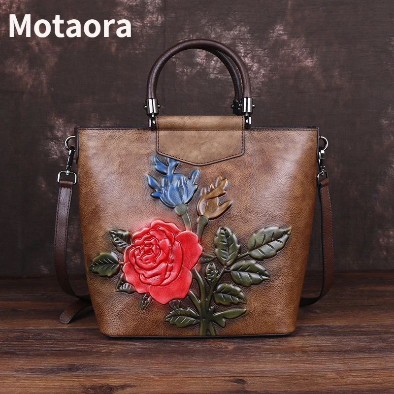 Retro Flowers Embossed Cow Leather Handbags