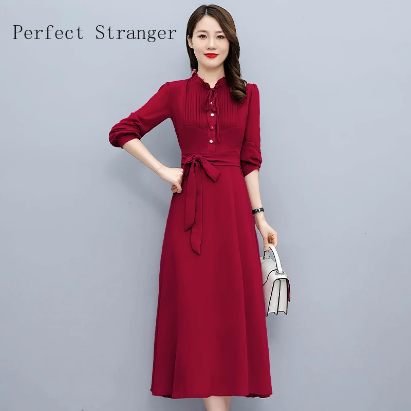 

2024 Autumn New Arrival Elegant Vestidos De Mujer Solid Color Long Sleeve Women Chiffon Long Dress