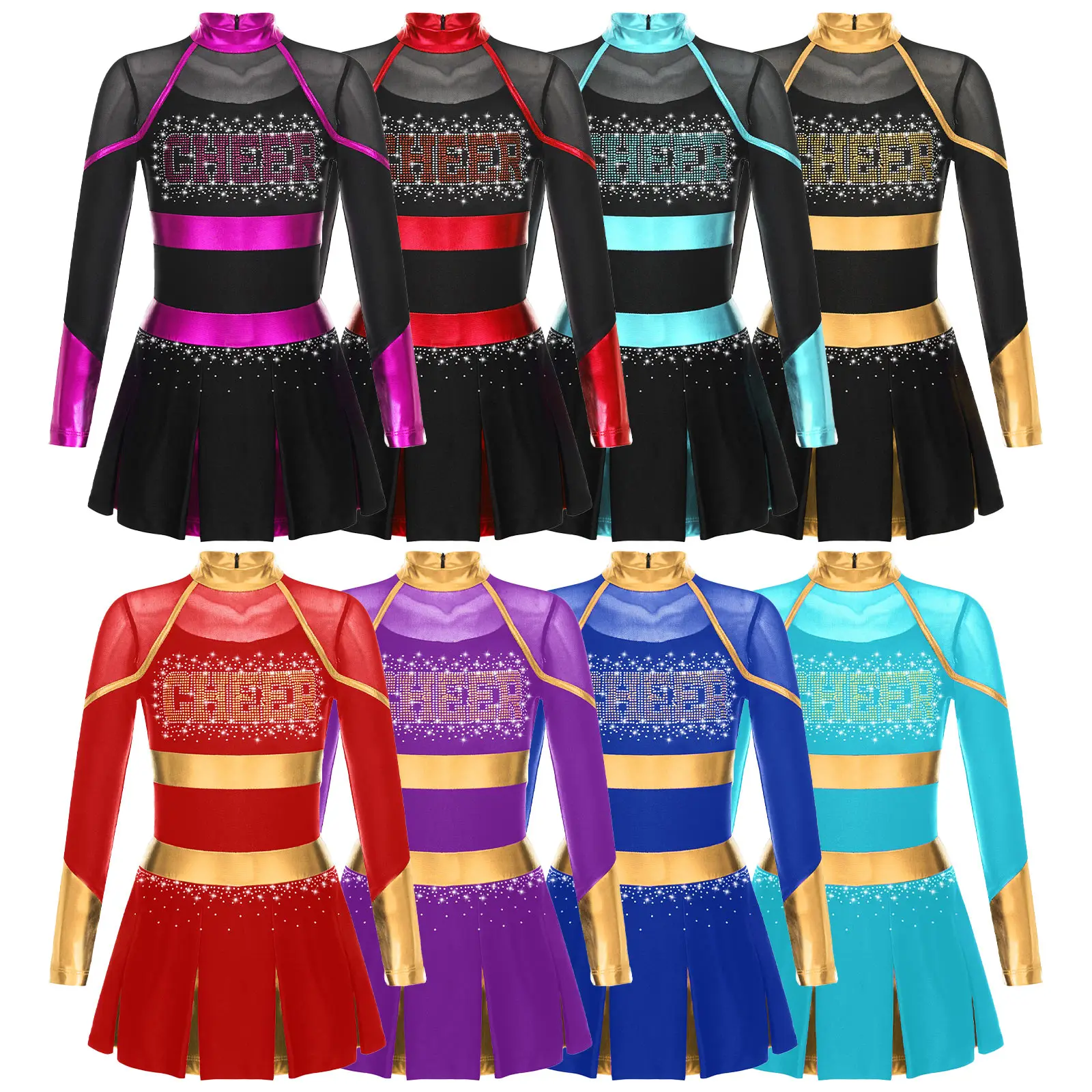 Description Picture 2 of itemKids Girls Cheer Dance Costume Teens Glittery Rhinestones Cheerleading Uniforms Metallic Patchwork Long Sleeve Cheerlead Dress