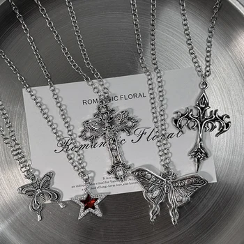 Y2K Gothic Silver Butterfly & Cross Pendant Necklace Set, Vintage Moth & Star with Red Crystal Necklaces, Punk Jewelry for Wo 1