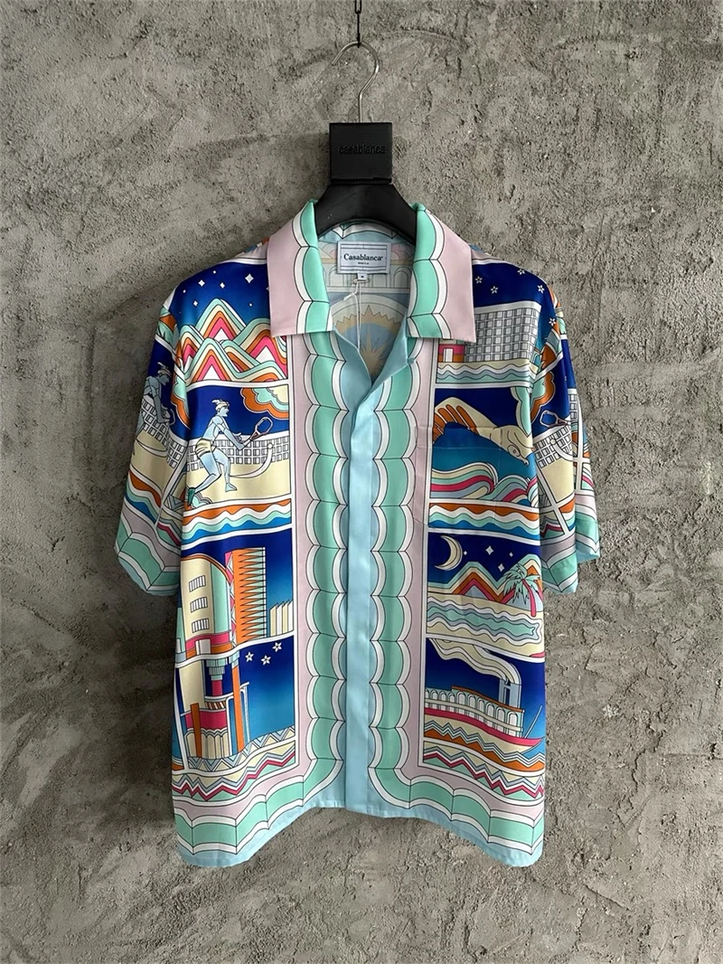 

Top Version Patchwork Casablanca Silk Shirt Men Women 1:1 Short Sleeve Hawaii Beach Shirts