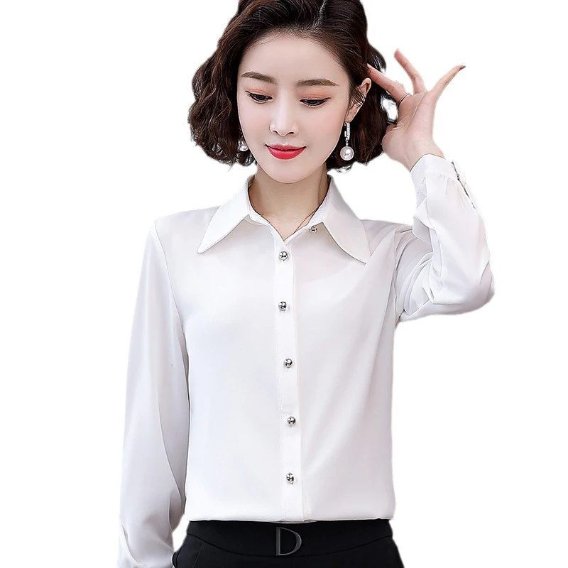 

Spring Fall Women Long Sleeve White Blouses Korean Fit Female Formal Office Work Collared Button Up Vintage OL Tshirts Top 2024