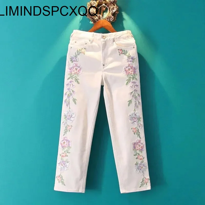 

Retro Chinese Style Women's Embroidered Flower Jeans Spring Summer Ankle-Length Pants White Straight Pants Casual Denim Pants