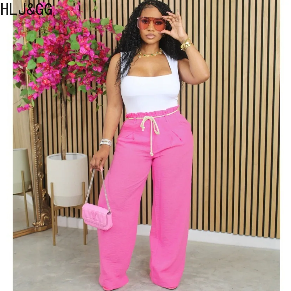 HLJ&GG Fashion Solid Color Drawstring Wide Leg Pants Women Elastic High Waist Hip-hop Straight Trousers Casual Matching Bottoms