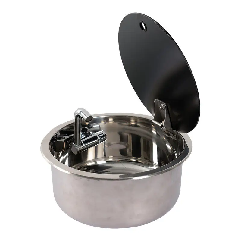 Lavello Rotondo In Acciaio Inox 304 Per Camper E Yacht – 34 Cm Con Rubinetto Pieghevole E Coperchio In Vetro Temperato
