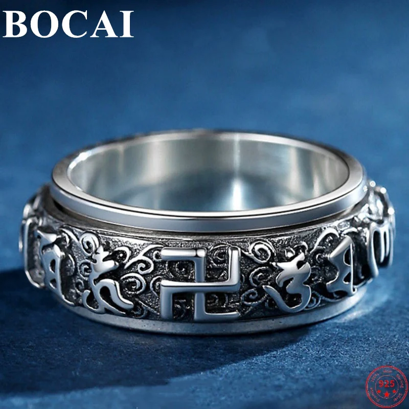 

BOCAI S925 Sterling Silver Charm Rings Six Syllable Mantra Eternal Vine Rotatable Ornament Pure Argentum Amulet for Women Men