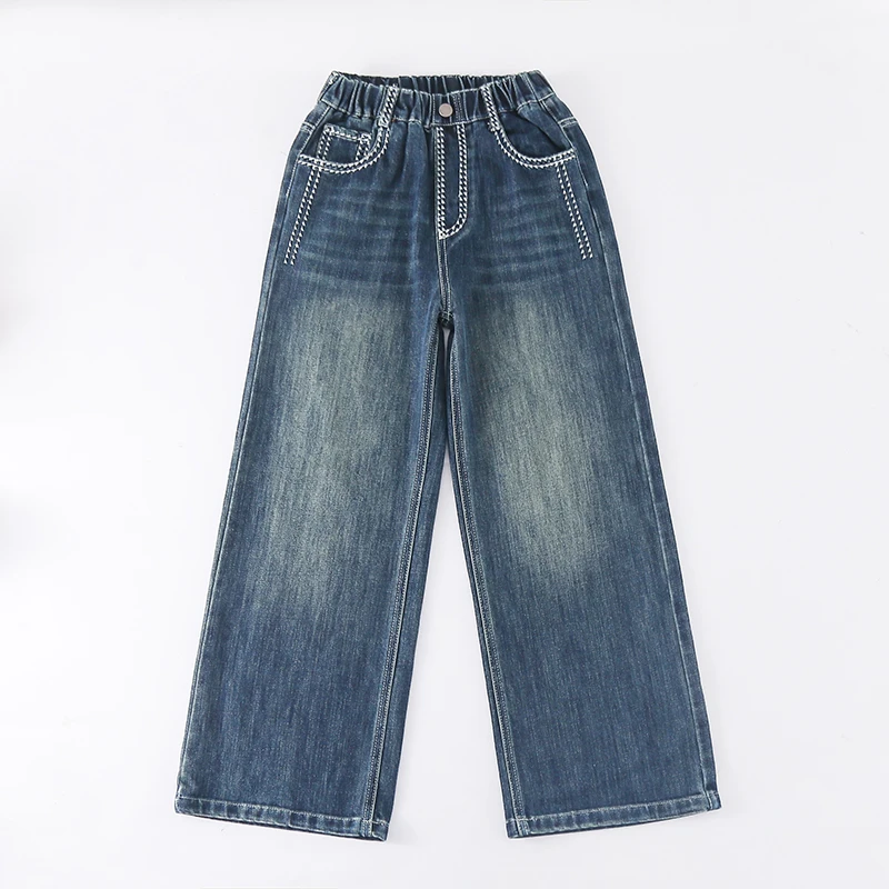 빈티지 탑스티치 디자인 아동용 봄 가을 스트레이트 핏 청바지 여아용 스타일리쉬 블루 데님 팬츠 5 7 10 11 12 14세