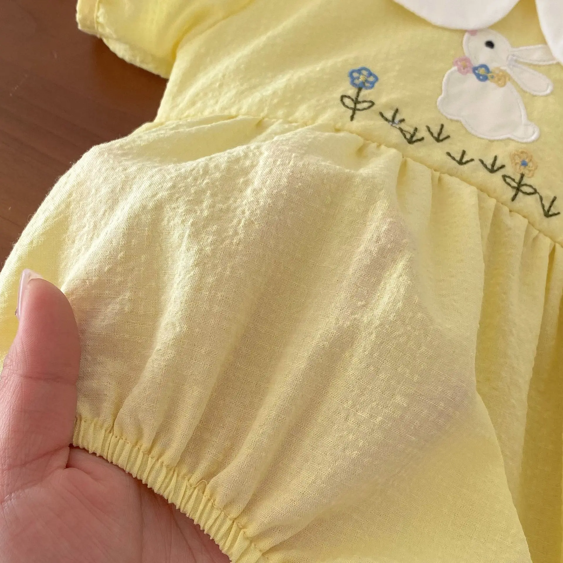 코튼 자수 토끼 꽃 바디 슈트, 솔리드 모슬린 소녀 롬퍼, 소녀 복장, 한국 여름