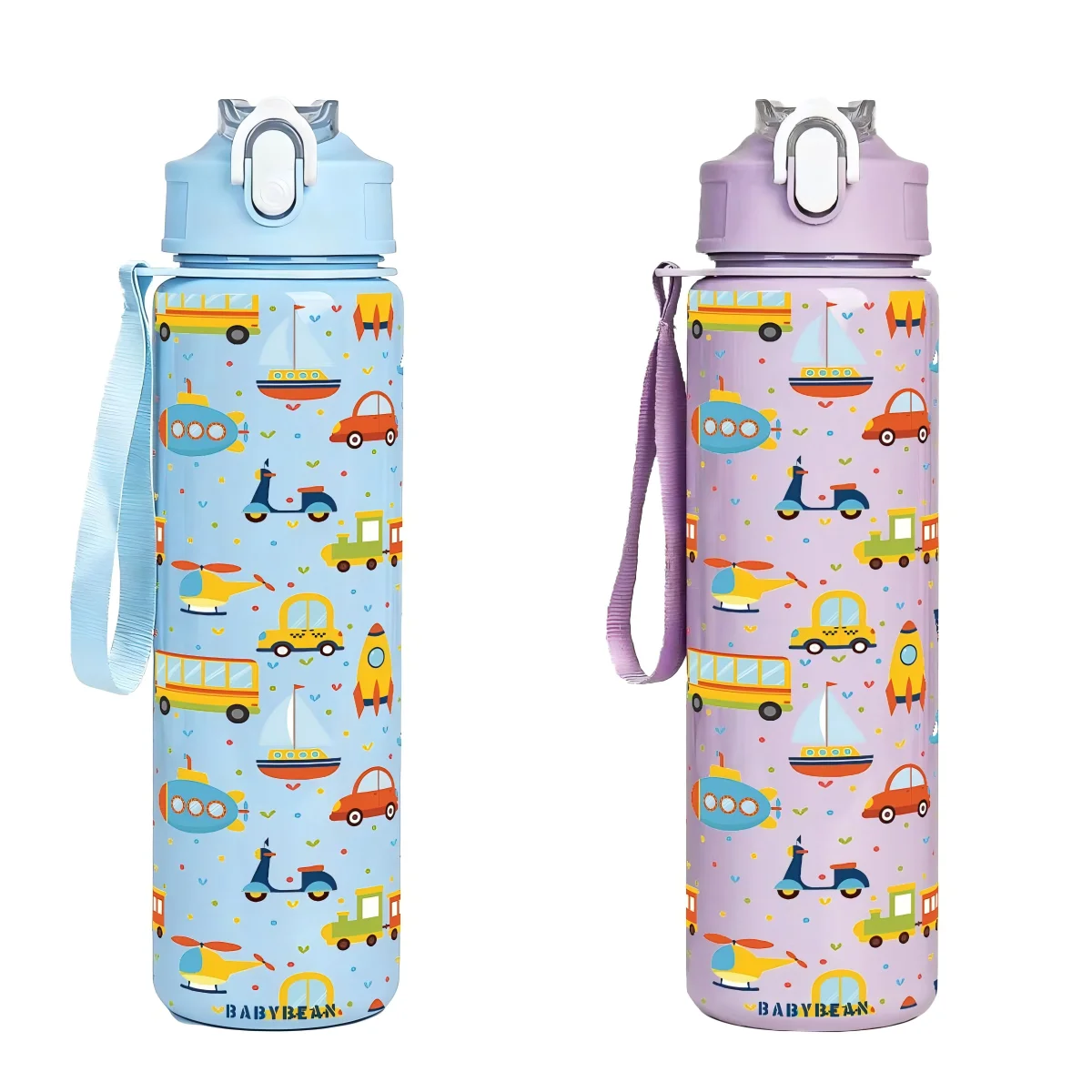 Cartoon Transport Vehicle Print Leakproof Water Bottle with Flip Straw and Lanyard - 750ml