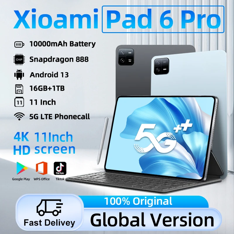 

2024 Original Global Version Pad 6 Pro Snapdragon 888 Android 13.0 11 inch Tablet PC 10000mAh 16GB 512GB 5G HD 4K Screen WIFI Mi