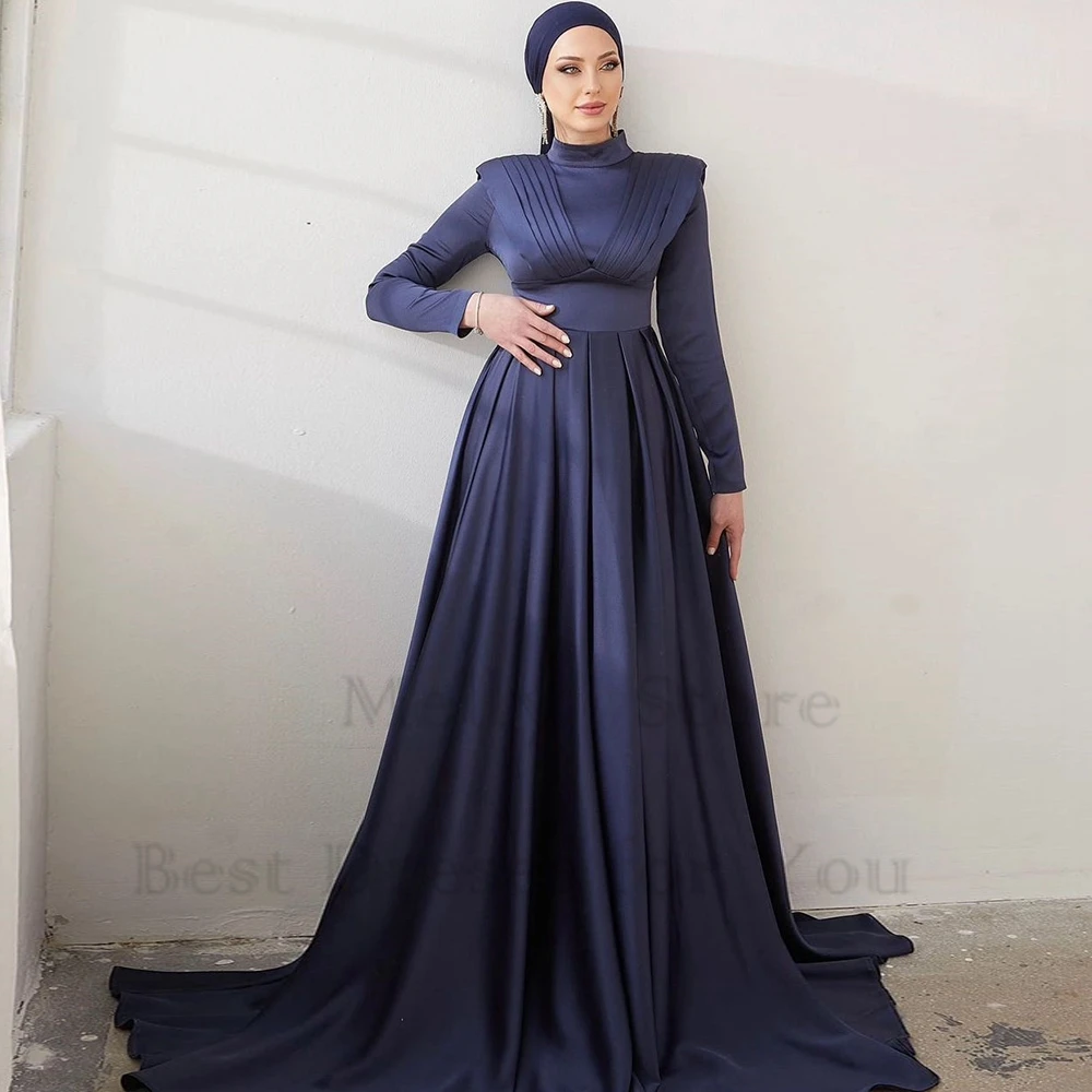 

Gorgeous High Neck Satin Muslim Evening Dresses for Women Pleat Court Train Full Sleeve Prom Gowns New Robe De Soirée Winter