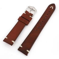 Elegant Vintage Genuine Leather Watch Strap - Handmade with Intricate Stitching in Brown, Coffee, Black, Gray, and Blue - 22mm (Red)