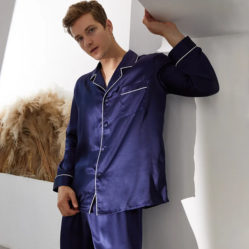 

Real Silk Long Sleeve Men Pajamas Set 100% Mulberry Silk Trousers Sleepwear Suit High End Brand Solid Cardigan Home Night Wear