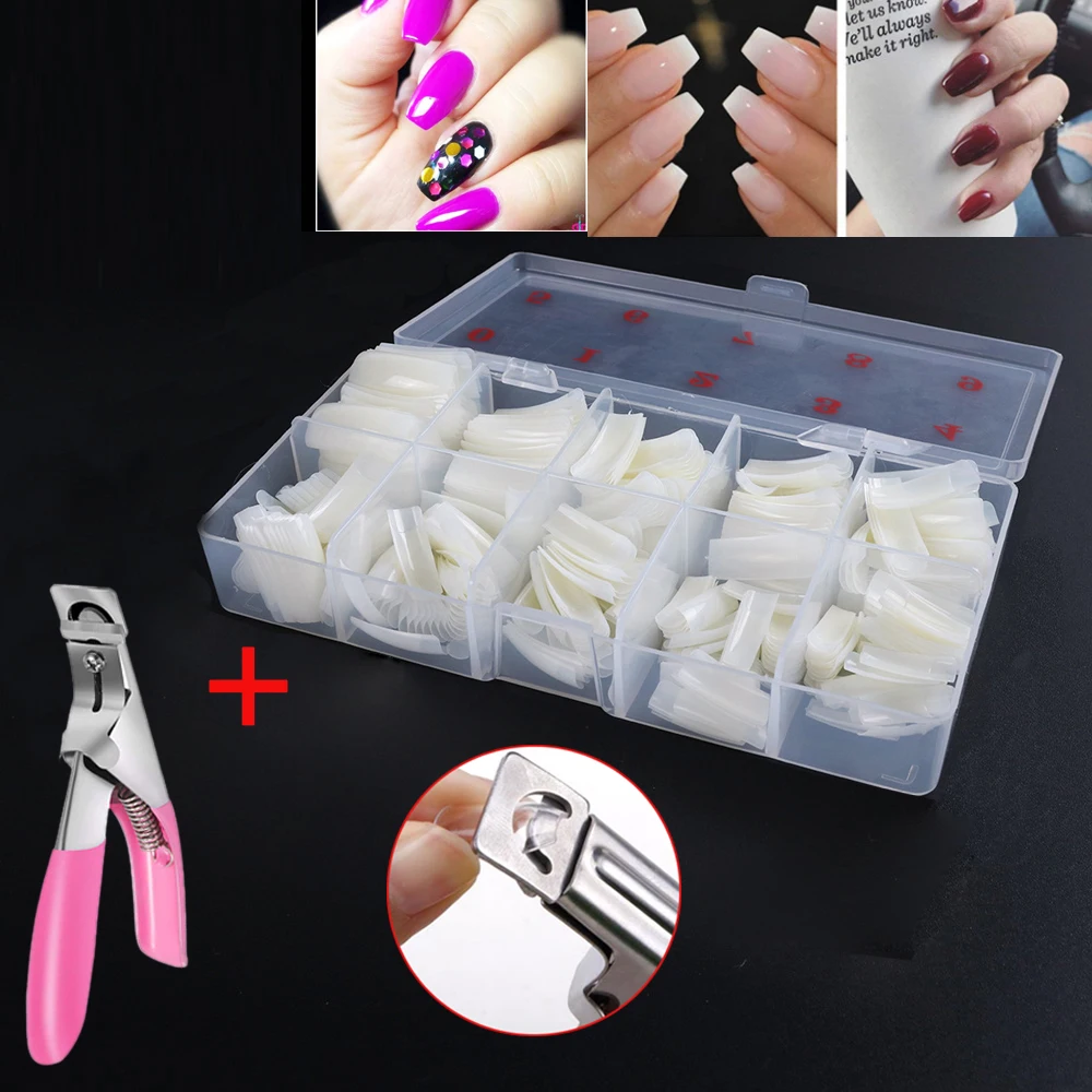 

500pcs/Box Clear False Nail Tips Artificial Capsule With Nails Cutter Coffin French Full Cover Fake Fingernails Manicure Tools