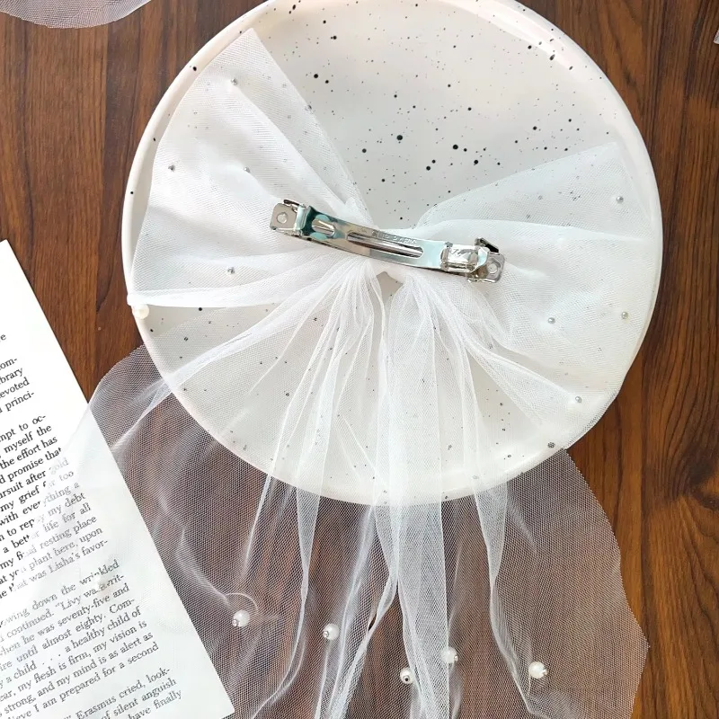 Women Long Ribbon Mesh Bow Hair Clips Elegant Pearls Hairpin for Bride White Mesh Hairpins Wedding Party Bride Hair Accessories hair accessories,bridal hair accessories