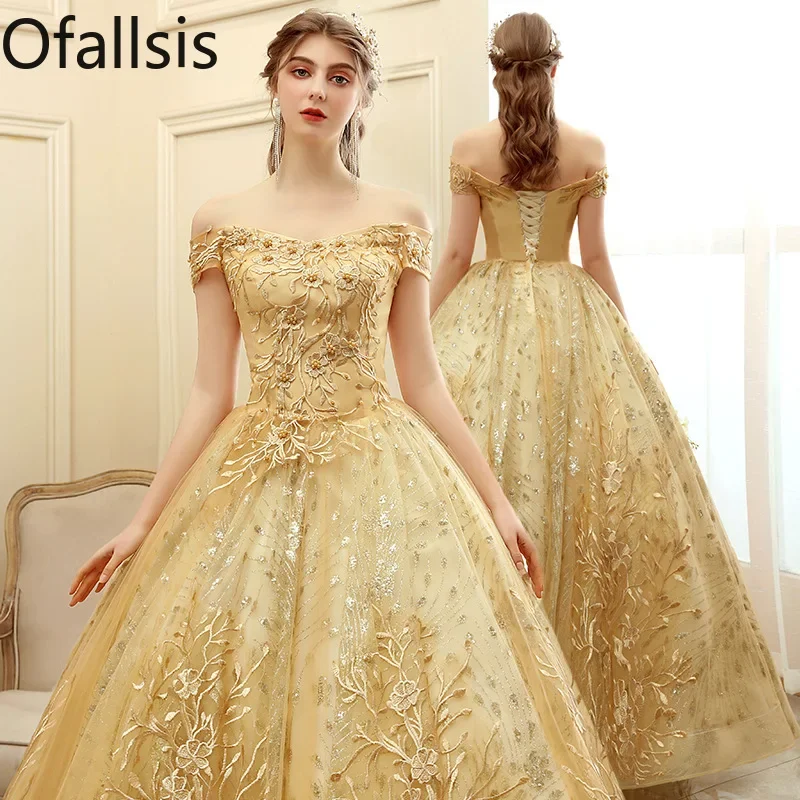 

Ofallsis Golden Off Shoulder Evening Dress Women's 2023 Grand Stage Performance Fluffy Long Host Company Annual Meeting Dresses