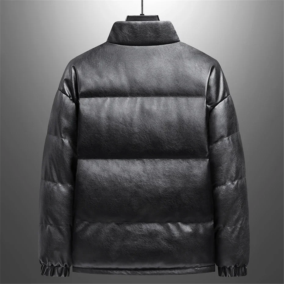 PU Parkas Men Winter Thick Jacket Coat Fashion Casual PU Padded Jacket Male Winter Parkas Solid Color Stand Collar