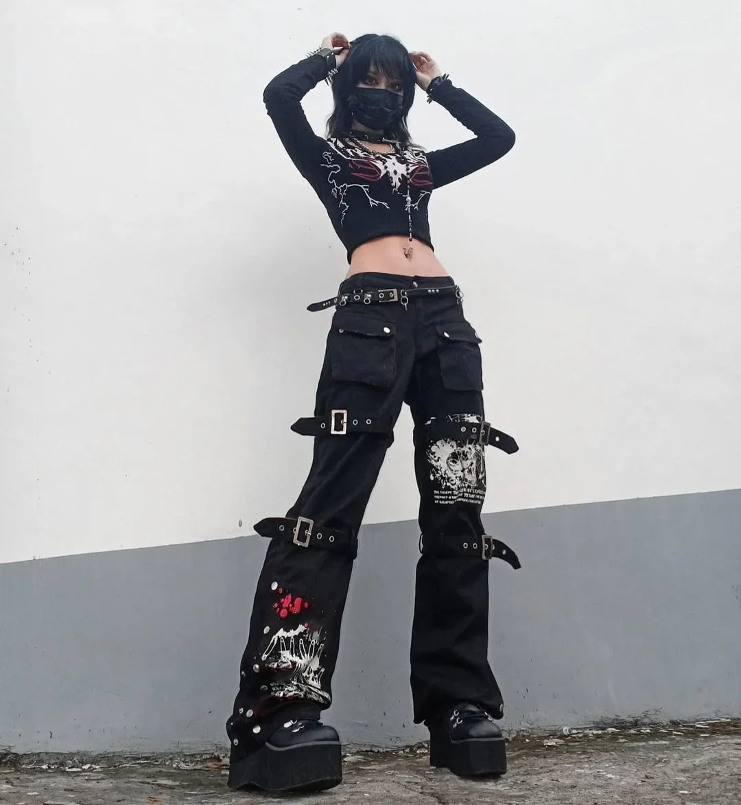 Gothic Cargo Pants Korean Fashion Pocket Split Straight Pants Women Printed Casual Denim Drape Pants High Waisted  y2k Clothes