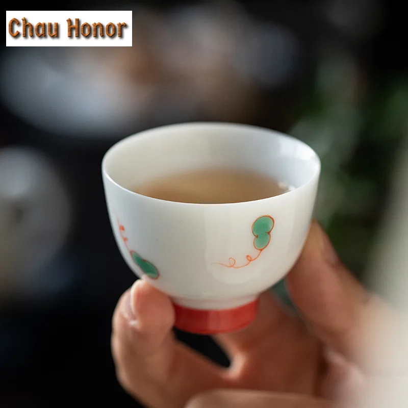2pc/lot Boutique Pure Hand Painted Gourd Art Ceramic Tea Cups Chinese White Porcelain Master Cups Meditation Cup Tea Set 30ml