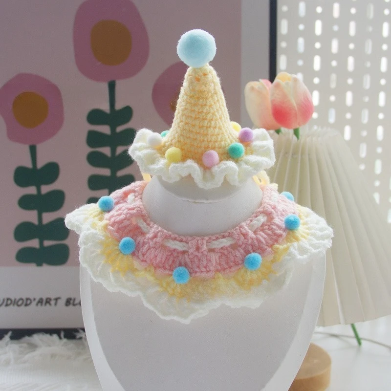 2-in-1 Pet Birthday Hat&Drool Bandana Set-Knitted Photo Prop for Cats/Small Dogs,Festive Party Decoration with Adjustable Strap