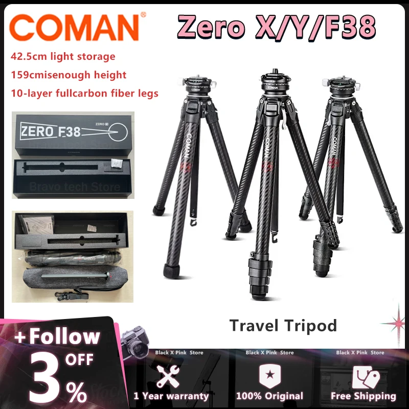 COMAN Zero X Y V F38 Light W G Travel Tripod Lightweight Full Carbon Fiber Outdoor Tripods For DSLR Camera Phone Tripod Monopod