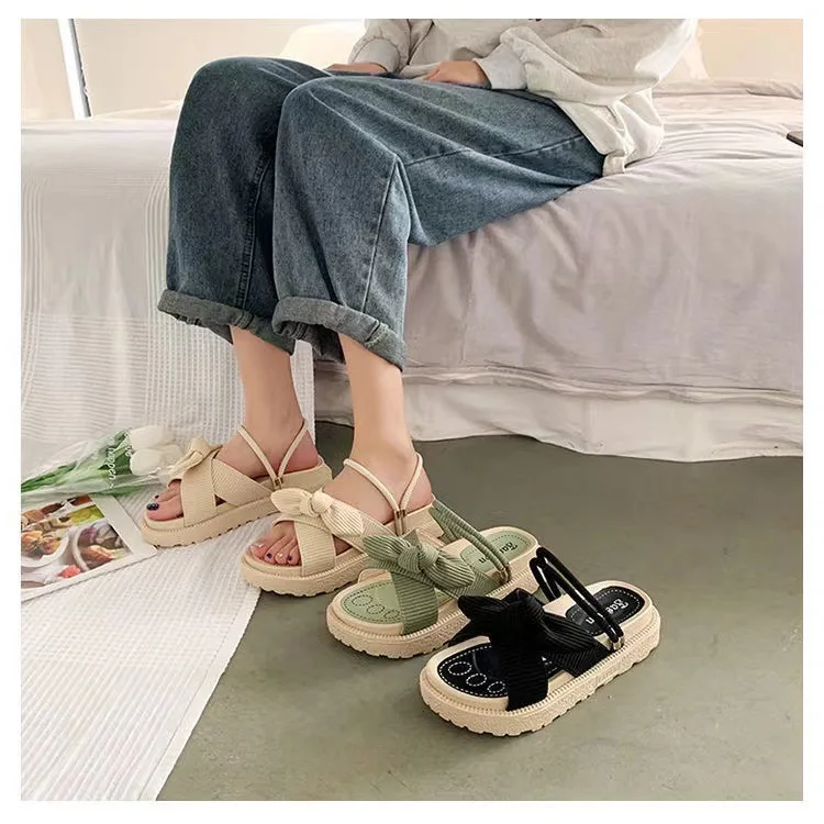 New Style Fairy Style Lady Summer Slippers Thick Platform Flat Sandals with Butterfly-Knot Summer Flip Flops Sandals Women