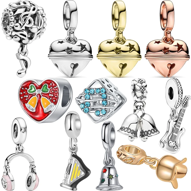 

2024 New Shiny Note Headset Guitar Harp Bell Pendant Fashion Beads Fit Original Pandora Charms Silver Color Bracelet DIY Jewelry