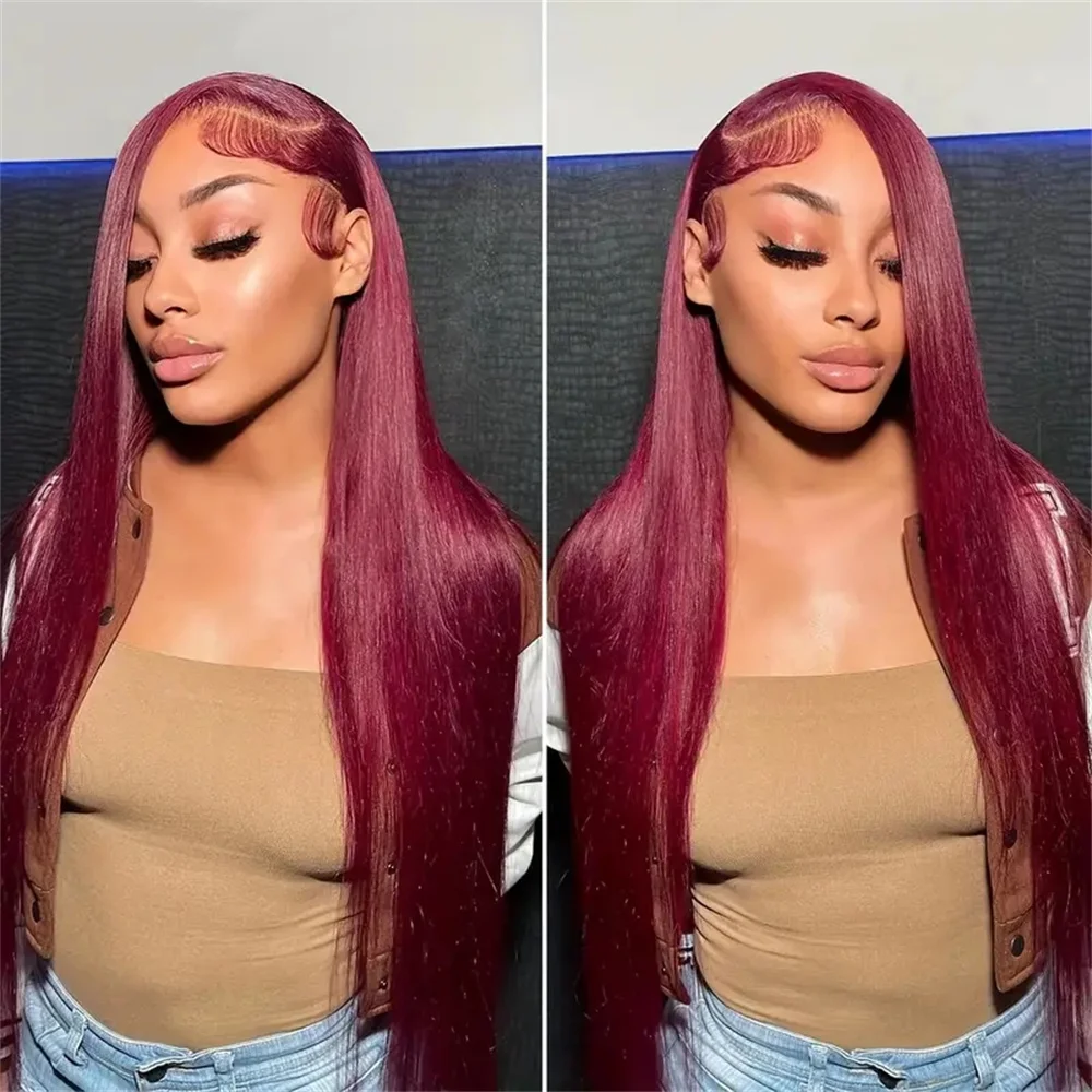 

13x4 Hd Transparent Lace Frontal Wig 180 Density 99J Burgundy 13x6 Straight Lace Front Wigs HD Human Hair For Women