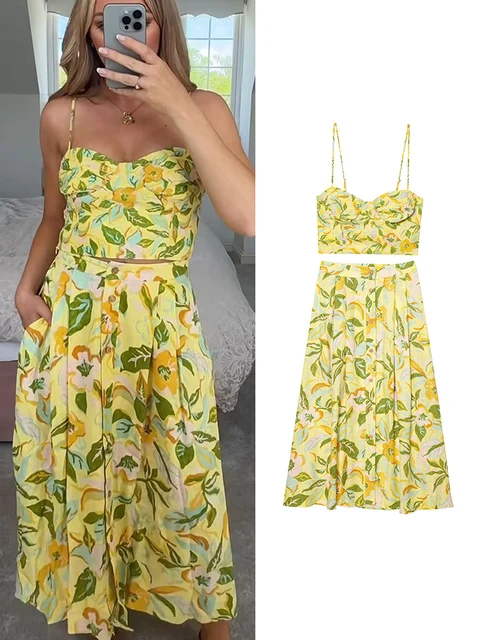 TFMLN Women Floral Print Skirt Two Piece Set Sexy Crop Sling Camisole Casual Beach Holiday Style A-line Skirts Sets Female New