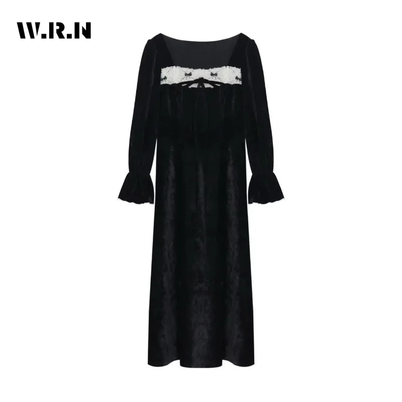 

2024 New Women High-end Elegant Square Collar Lace Up Decorate Flare Sleeve Long Dresses Harajuku Vintage Dress Holiday Clothes