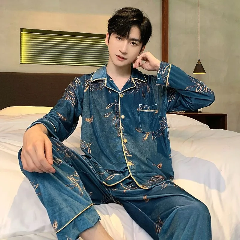 2024 New Gold Velvet Men's Pajamas Autumn Winter Long Sleeves Long Pants Loungewear Light Luxury Homewear Suit V-neck Sleepwear