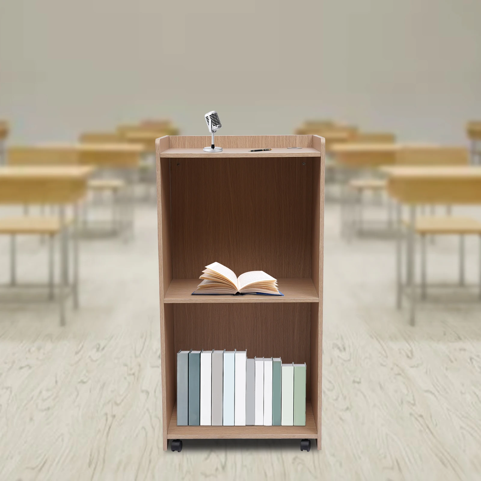 Wood Portable Podium Stand Reception Desk Lectern with Mobile Wheels Storage Shelf 22.6 * 14.5 * 41.3" Churches Podium