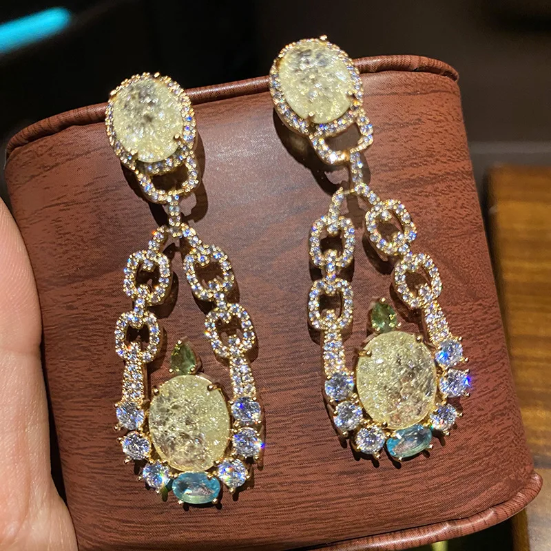 

2023 Women's drill crack yellow diamond chain earrings