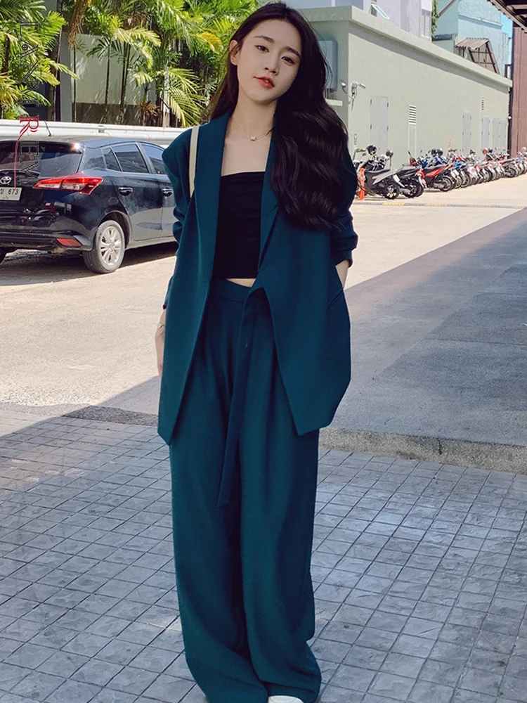 

LANMREM Women Office Lady 2 Piece Set Solid Notched Long Sleeves Belt Blazers High Waist Wide Leg Pants 2023 Autumn New 2AA1179