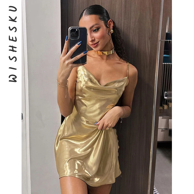 

Sexy Spaghetti Strap Metallic Gold Mini Dress Women Sleeveless Casual Ruched Short Party Vestido 2024 Summer Night Club Sundress