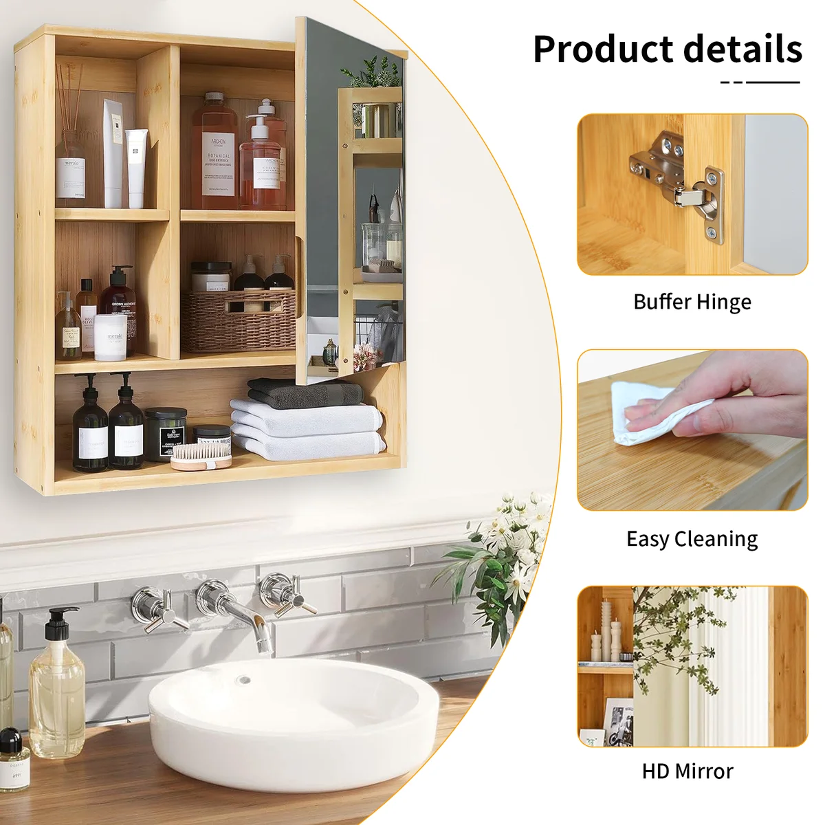 Wall Mounted Medicine Cabinet with Mirror, Natural Bamboo Bathroom Storage Cabinet, Adjustable Shelves for Bathroom, Bedroom — view 6