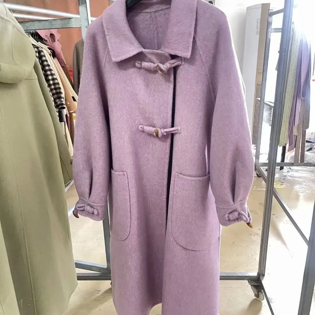 Women's Thick Double-Sided Cashmere Coat with Horn Button, Loose Long Outwear, Female Temperature Woolen Coat, Autumn, Winter