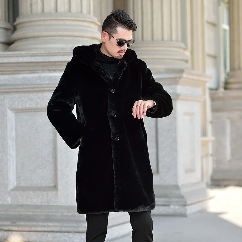 2023 New Faux Fur Men's Winter Mid length Fur Coat Thickened Large Hooded Coat Men's Fashion Warm