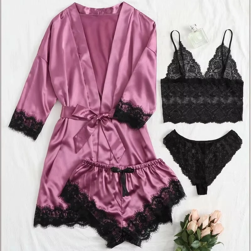 Women Pajamas Set 4 Pieces Summer Sexy Pajama Pants Lace Satin Silk Sleepwear Robe Nightwear