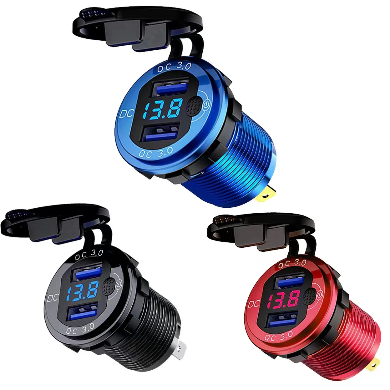 

QC3.0 Dual USB Car Charger with Switch LED Voltage Display 12V/24V Quick Charger for Cars Boats Motorcycle Marine ATV RV Truck