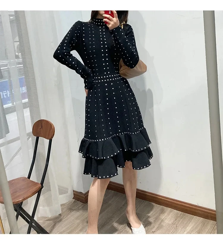

Evening Party Black Dress For Women Full Sleeves Luxury Beading Ele gant Knitwear Bodycon Dresses Clothes Size L