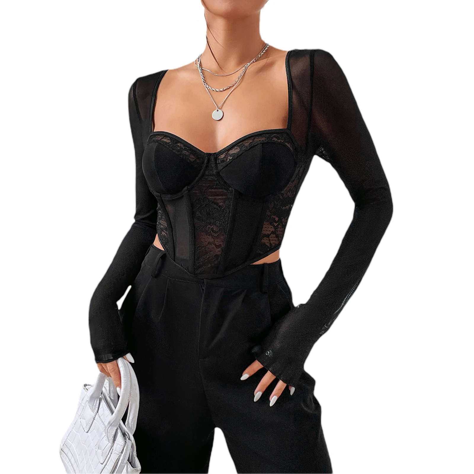 

Women’s Corset Crop Tops Long Sleeve Lace Patchwork Solid Color Asymmetrical Bustier T-Shirts