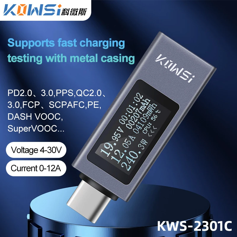 

Voltage Ammeter Power Meter KWS-2301C Digital Display DC Voltage Current Meter 4-30V 0-12A Type-C Mobile Phone Charging Detector