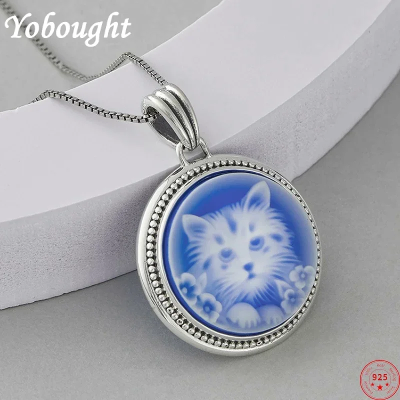 

S925 sterling silver charms pendants for women men new fashion simple blue agate cartoon kitten round jewelry free shipping