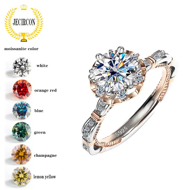 Jecircon 925 Sterling Silver Multicolore Moissanite Anello Moda 6 Punte Lusso 1 Carato Diamante Proposta Fascia Gioielli Da Sposa