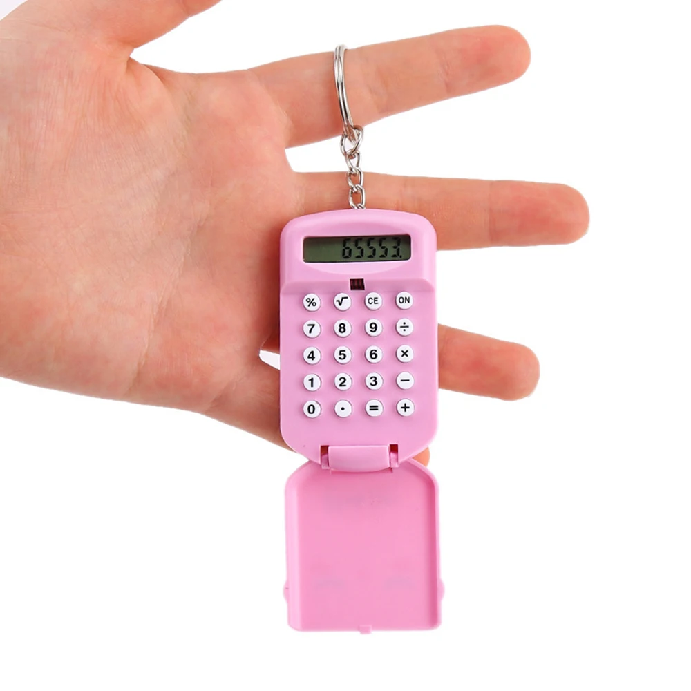 Mini Calculator Cute Cartoon with Keychain 8 Digits Display Portable Pocket Size Calculator for Children Students School