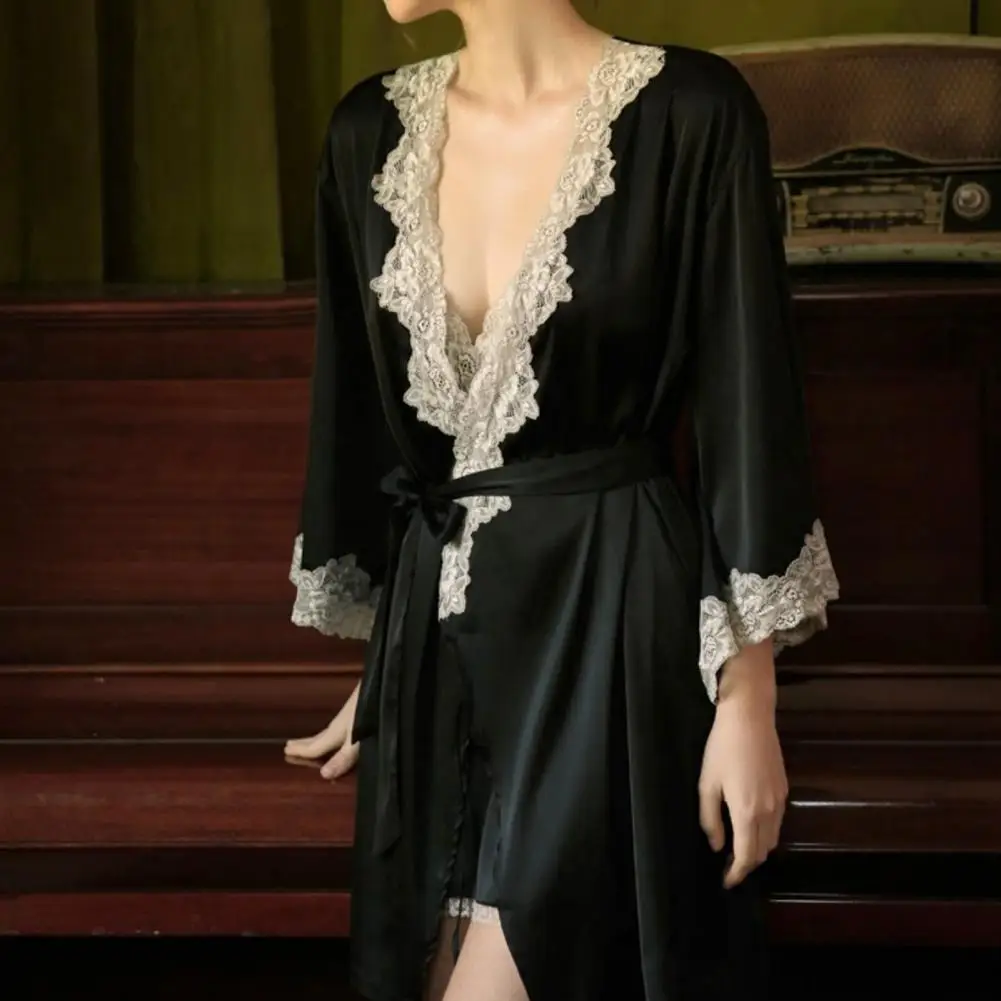 5 Pcs/Set Women Pajamas Suit Silky Satin Nightgown Nightdress Top Shorts Pants Set Lace Patchwork Lace-up Women Sleepwear Set women pajamas set women pajama suit