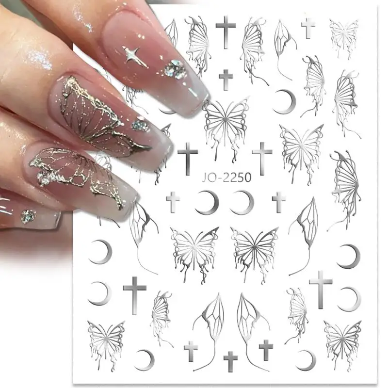 Silver Black White Butterflies 3D Nail Sticker Metal Butterfly Star Crucifixion Adhesive Slider Wraps Manicure Gel Polish Decals Nail Art Decoration