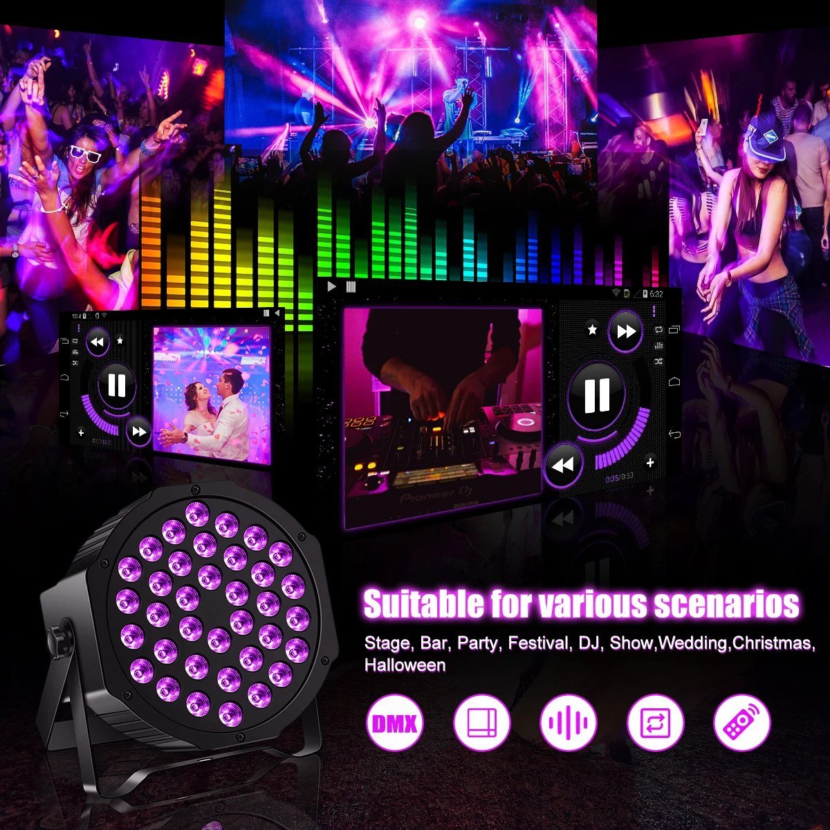 

RGBW Flat Stage Par Light UV 36 LEDs Stage Par Light 7CH DMX Sound Control DJ Disco Light for KTV Party Wedding Bar Club